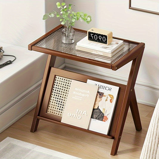 Space-Saving Mini Bedside Table - Classic Hardwood with Glass Top, Compact Corner Shelf for Small Spaces